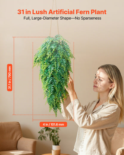 Artificial Ferns, 12 Pcs Fake Hanging Boston Fern Bush Plant with 813 mm Hanging Length, Plastic Faux Greenery for Indoor/Outdoor Decor, For Wall, Wedding Party, Home, Porch Garden, No Basket