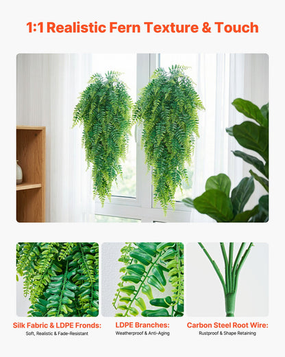 Artificial Ferns, 12 Pcs Fake Hanging Boston Fern Bush Plant with 813 mm Hanging Length, Plastic Faux Greenery for Indoor/Outdoor Decor, For Wall, Wedding Party, Home, Porch Garden, No Basket