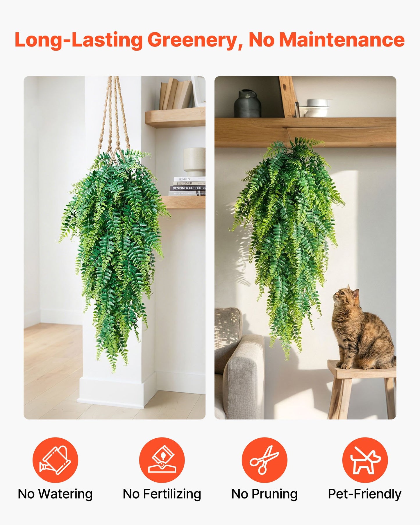 Artificial Ferns, 12 Pcs Fake Hanging Boston Fern Bush Plant with 813 mm Hanging Length, Plastic Faux Greenery for Indoor/Outdoor Decor, For Wall, Wedding Party, Home, Porch Garden, No Basket