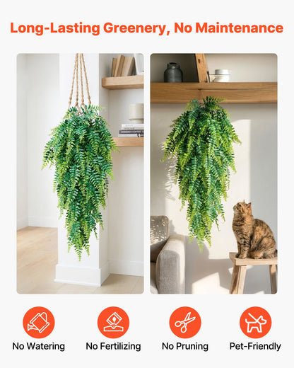 Artificial Ferns, 12 Pcs Fake Hanging Boston Fern Bush Plant with 813 mm Hanging Length, Plastic Faux Greenery for Indoor/Outdoor Decor, For Wall, Wedding Party, Home, Porch Garden, No Basket