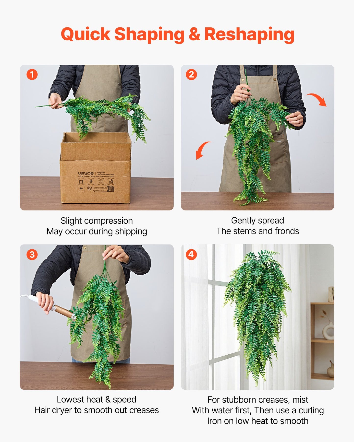 Artificial Ferns, 12 Pcs Fake Hanging Boston Fern Bush Plant with 813 mm Hanging Length, Plastic Faux Greenery for Indoor/Outdoor Decor, For Wall, Wedding Party, Home, Porch Garden, No Basket