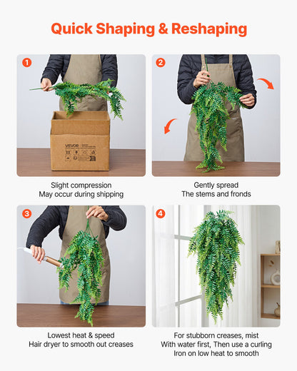 Artificial Ferns, 12 Pcs Fake Hanging Boston Fern Bush Plant with 813 mm Hanging Length, Plastic Faux Greenery for Indoor/Outdoor Decor, For Wall, Wedding Party, Home, Porch Garden, No Basket