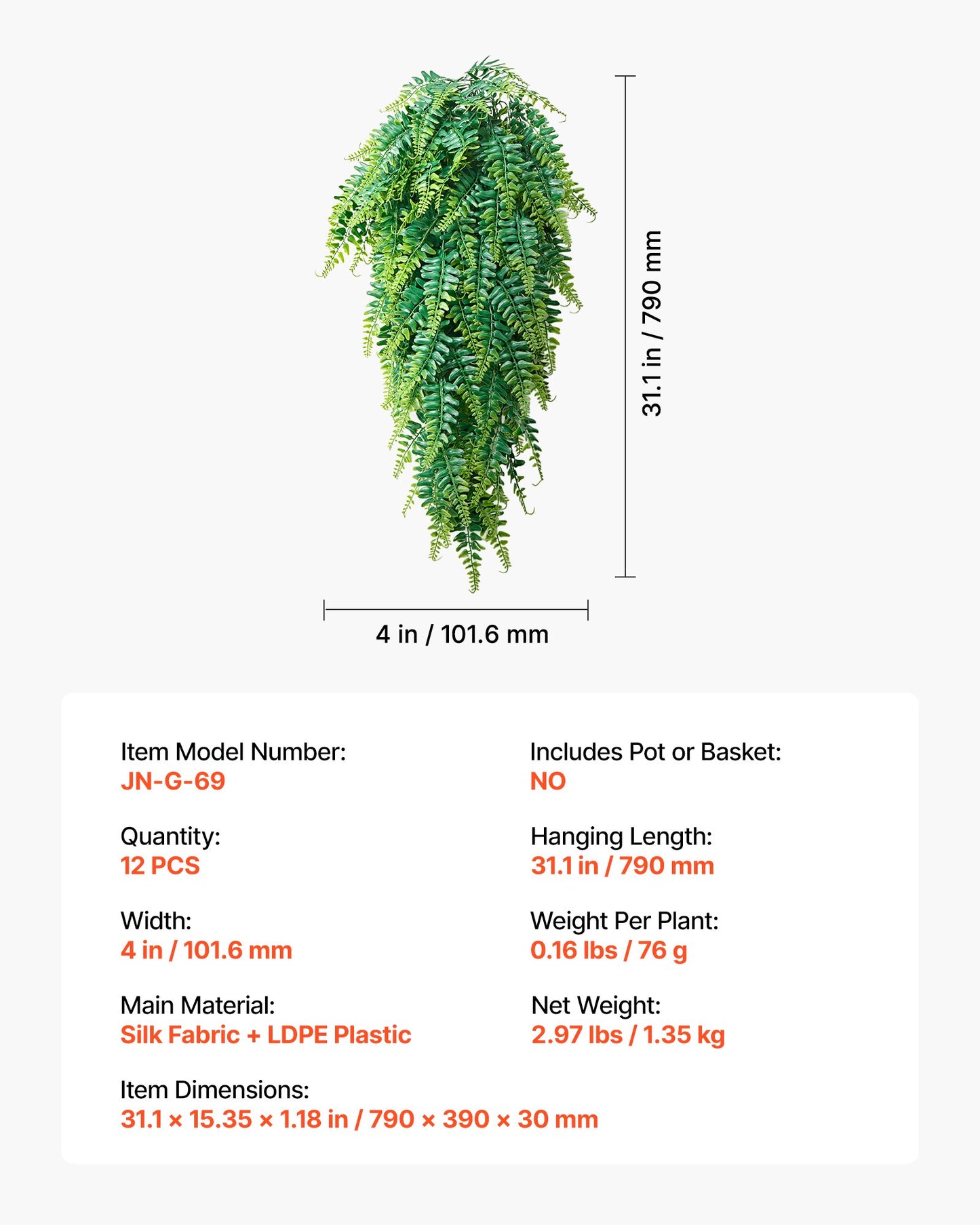 Artificial Ferns, 12 Pcs Fake Hanging Boston Fern Bush Plant with 813 mm Hanging Length, Plastic Faux Greenery for Indoor/Outdoor Decor, For Wall, Wedding Party, Home, Porch Garden, No Basket