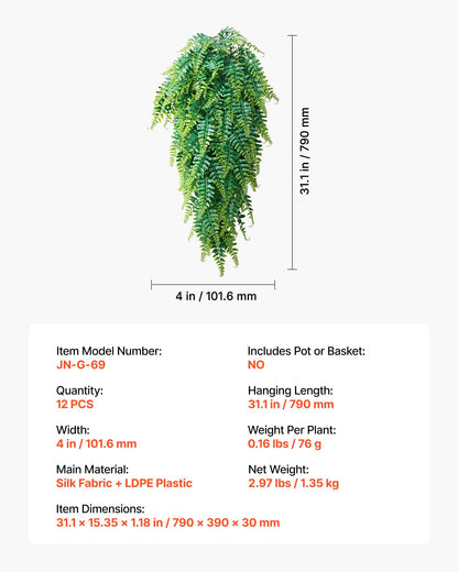 Artificial Ferns, 12 Pcs Fake Hanging Boston Fern Bush Plant with 813 mm Hanging Length, Plastic Faux Greenery for Indoor/Outdoor Decor, For Wall, Wedding Party, Home, Porch Garden, No Basket