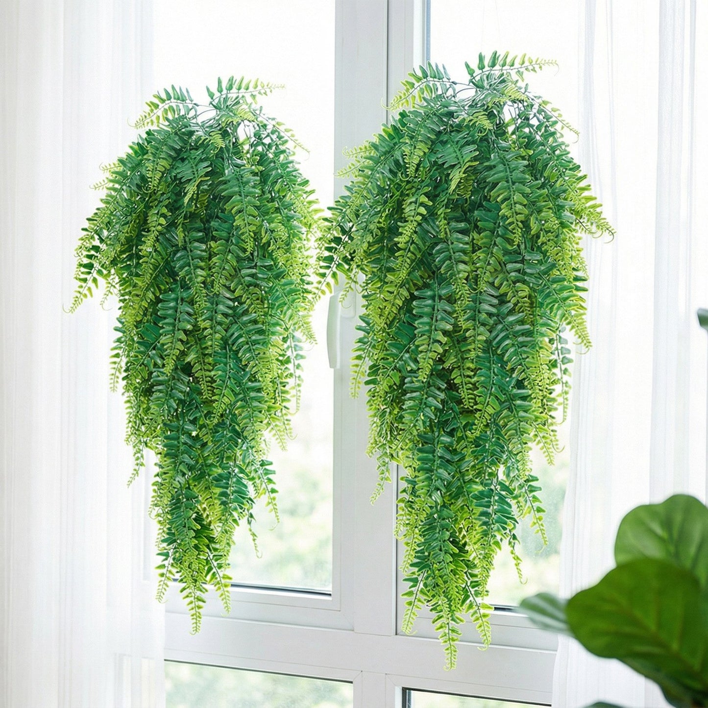Artificial Ferns, 12 Pcs Fake Hanging Boston Fern Bush Plant with 813 mm Hanging Length, Plastic Faux Greenery for Indoor/Outdoor Decor, For Wall, Wedding Party, Home, Porch Garden, No Basket