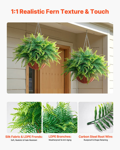 Artificial Ferns, 2 Pcs Fake Hanging Boston Fern Bush Plant with 584 mm Hanging Length, Plastic Faux Greenery for Indoor and Outdoor Decor, For Wall, Wedding Party, Home, Porch Garden, Office