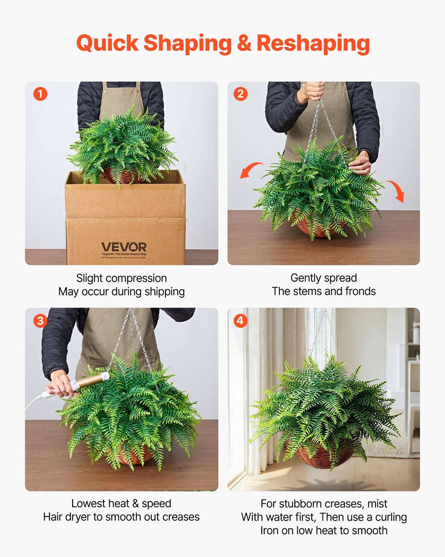Artificial Ferns, 2 Pcs Fake Hanging Boston Fern Bush Plant with 584 mm Hanging Length, Plastic Faux Greenery for Indoor and Outdoor Decor, For Wall, Wedding Party, Home, Porch Garden, Office