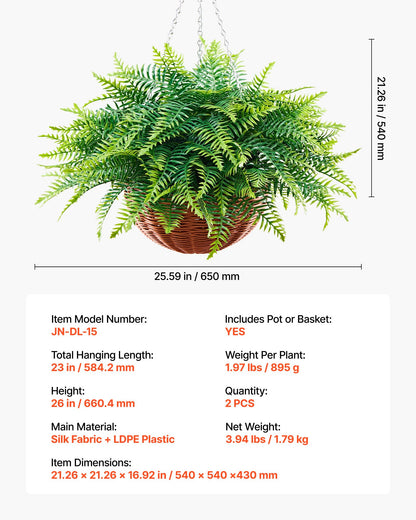 Artificial Ferns, 2 Pcs Fake Hanging Boston Fern Bush Plant with 584 mm Hanging Length, Plastic Faux Greenery for Indoor and Outdoor Decor, For Wall, Wedding Party, Home, Porch Garden, Office