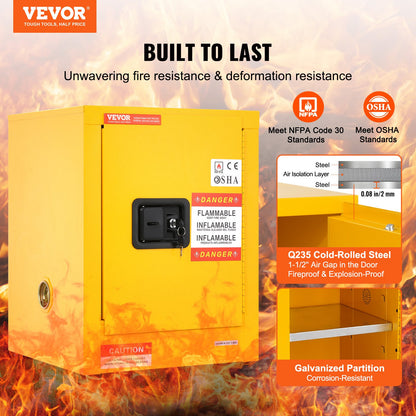 12 Gallon Safety Cabinet for Flammable Liquids Single door and Manual Close Yellow