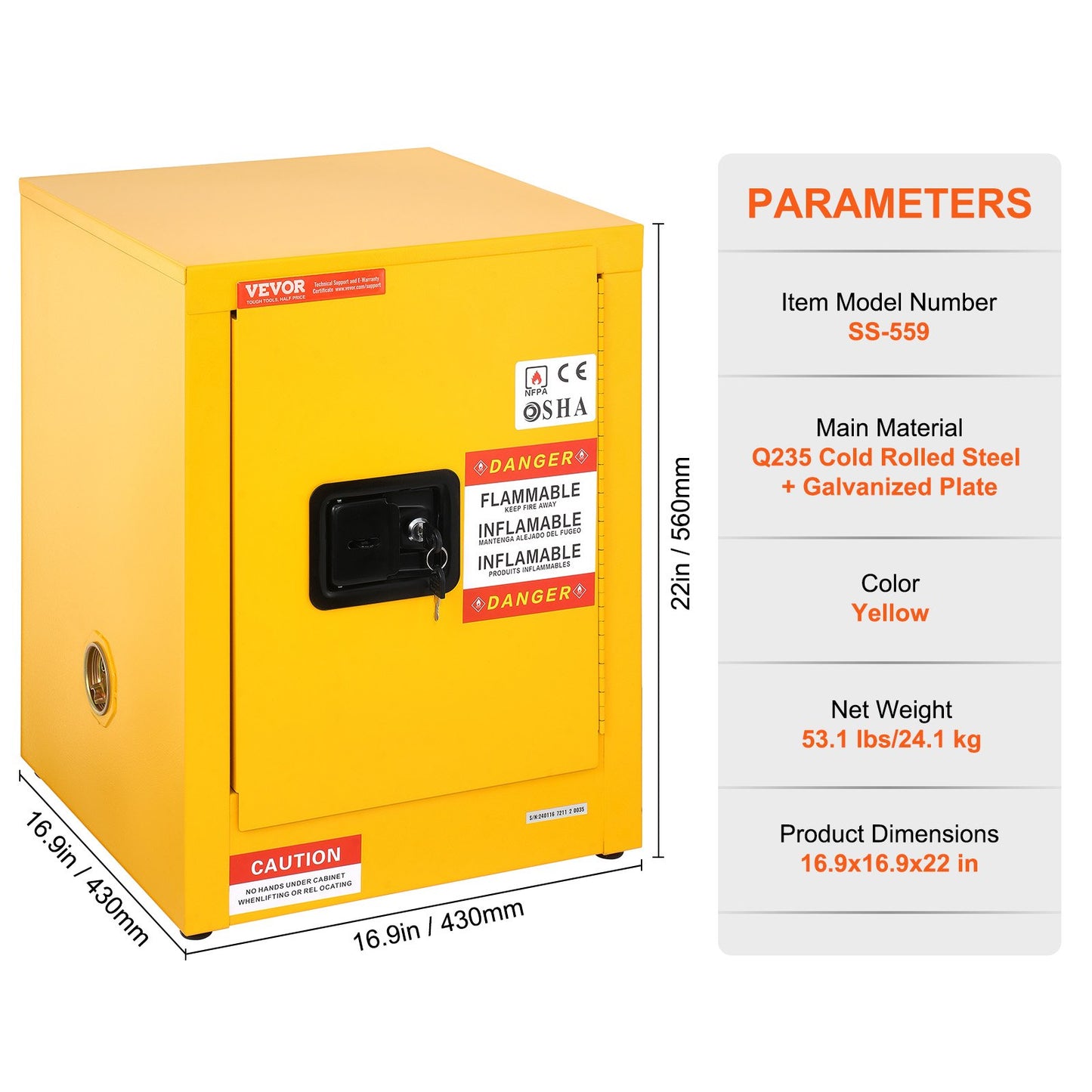 12 Gallon Safety Cabinet for Flammable Liquids Single door and Manual Close Yellow