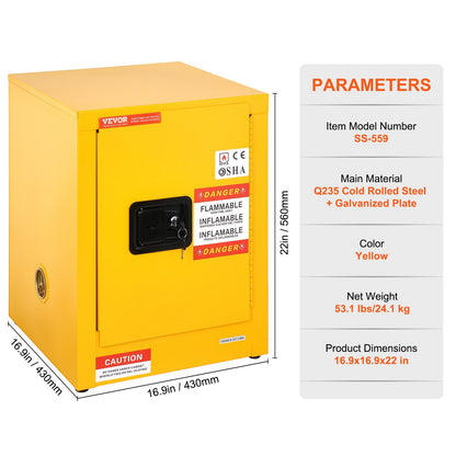 12 Gallon Safety Cabinet for Flammable Liquids Single door and Manual Close Yellow