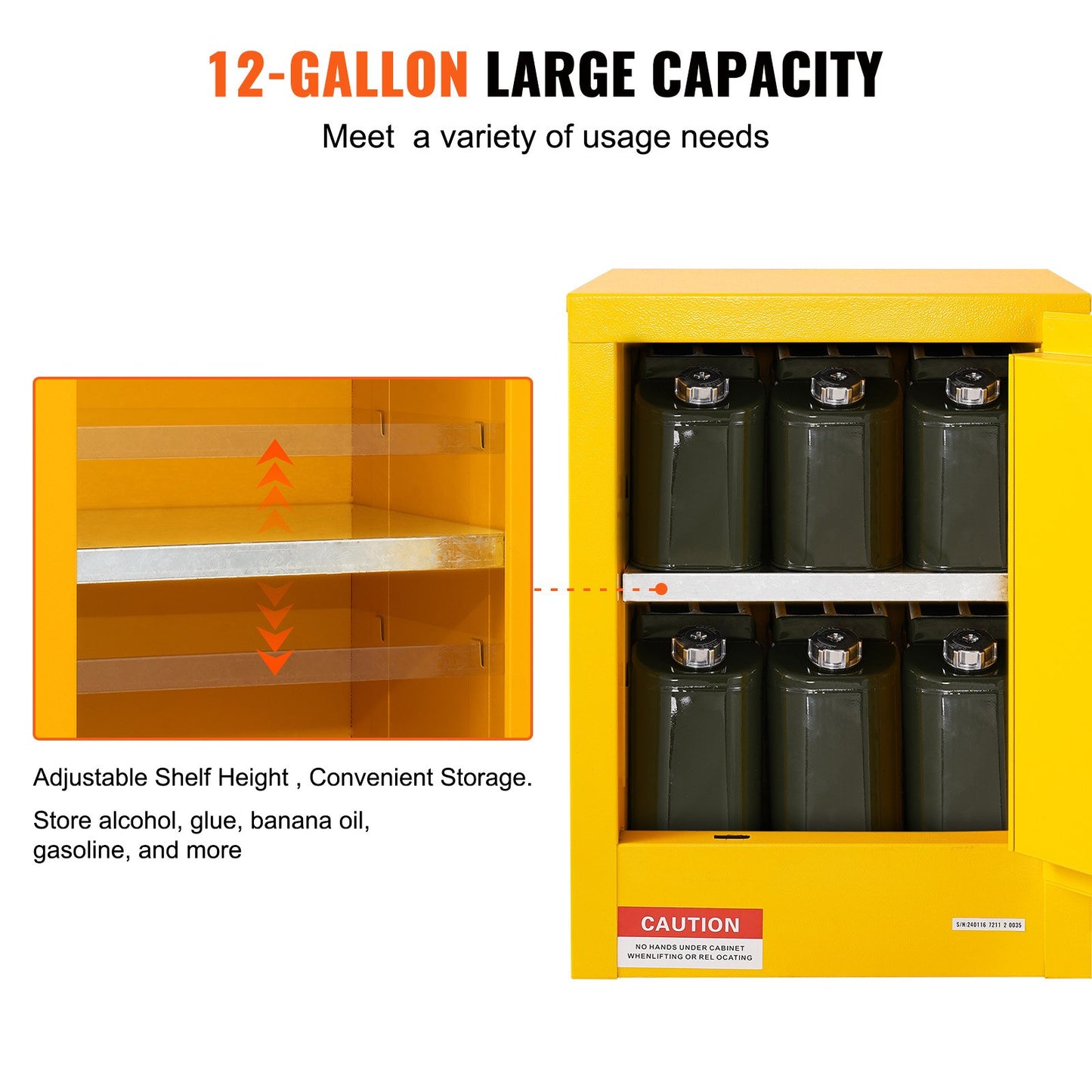 12 Gallon Safety Cabinet for Flammable Liquids Single door and Manual Close Yellow