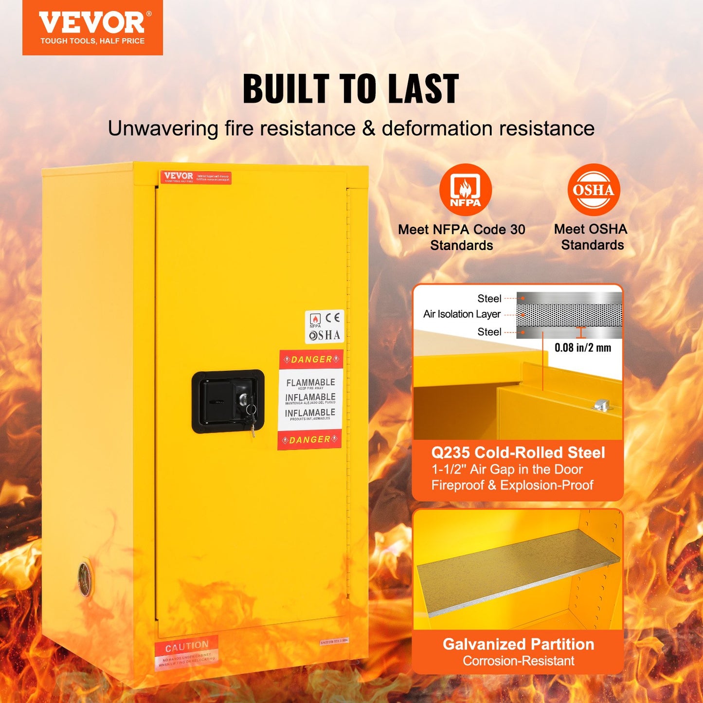 Safety Cabinet for Flammable Liquids Single door and Manual Close Yellow Hazardous