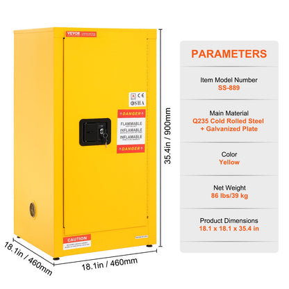 Safety Cabinet for Flammable Liquids Single door and Manual Close Yellow Hazardous
