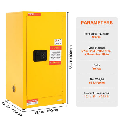 Yellow Single-Door Flammable Liquid Safety Cabinet with Adjustable Shelves, 16 Gallon