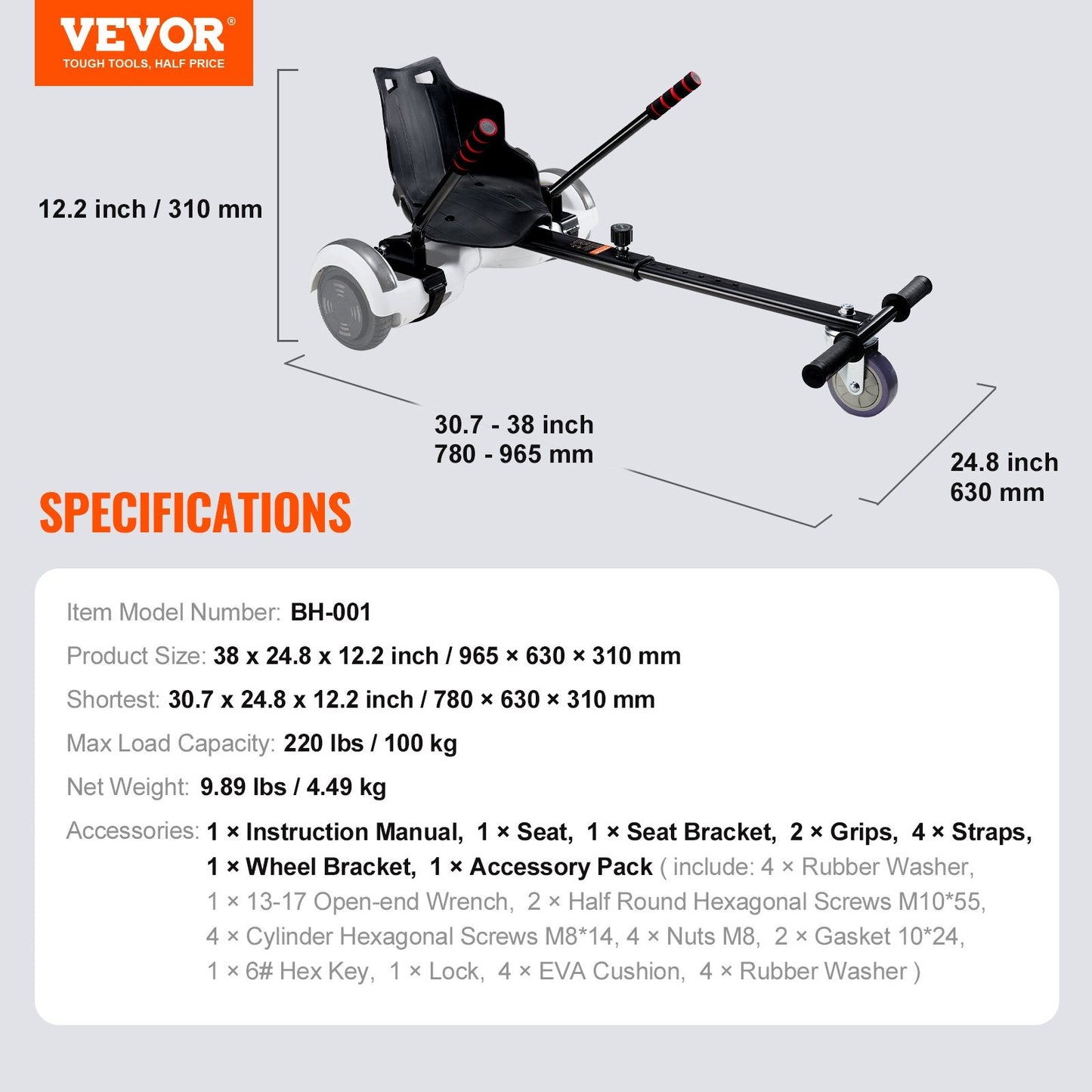 Hoverboard Seat Attachment for 16.5-25.4cm Boards, 100 kg Capacity, Adjustable Length