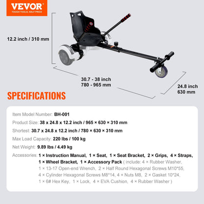 Hoverboard Seat Attachment for 16.5-25.4cm Boards, 100 kg Capacity, Adjustable Length