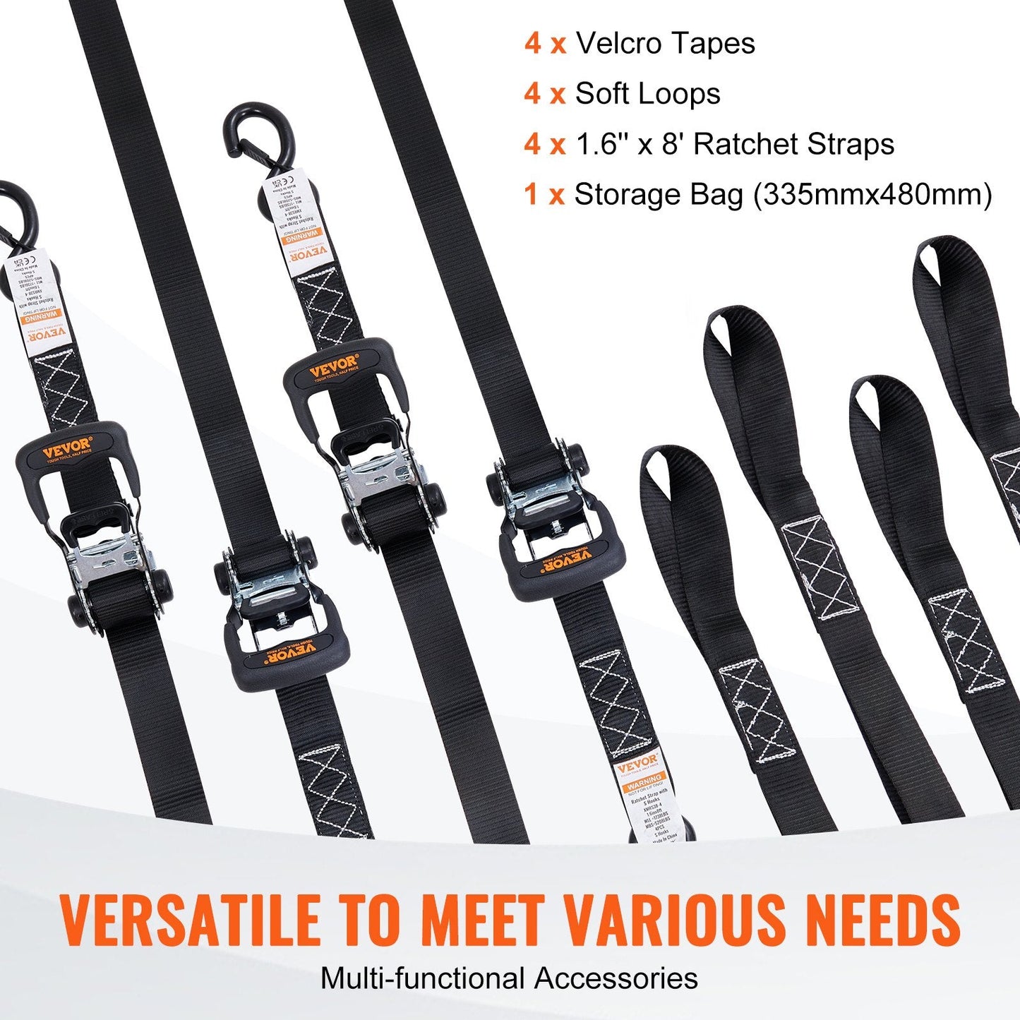 Heavy-Duty Ratchet Tie Down Straps, 2362 kg Break Strength, 4-Pack