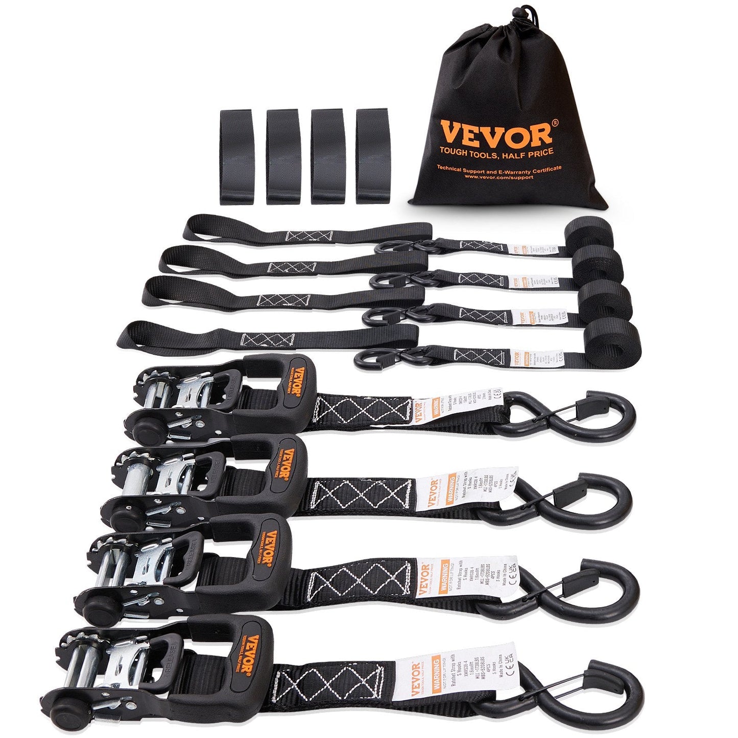 Heavy-Duty Ratchet Tie Down Straps, 2362 kg Break Strength, 4-Pack