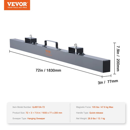 Hanging Magnetic Sweeper Pickup Tool, 47.6 kg Capacity, 1.83 m Length