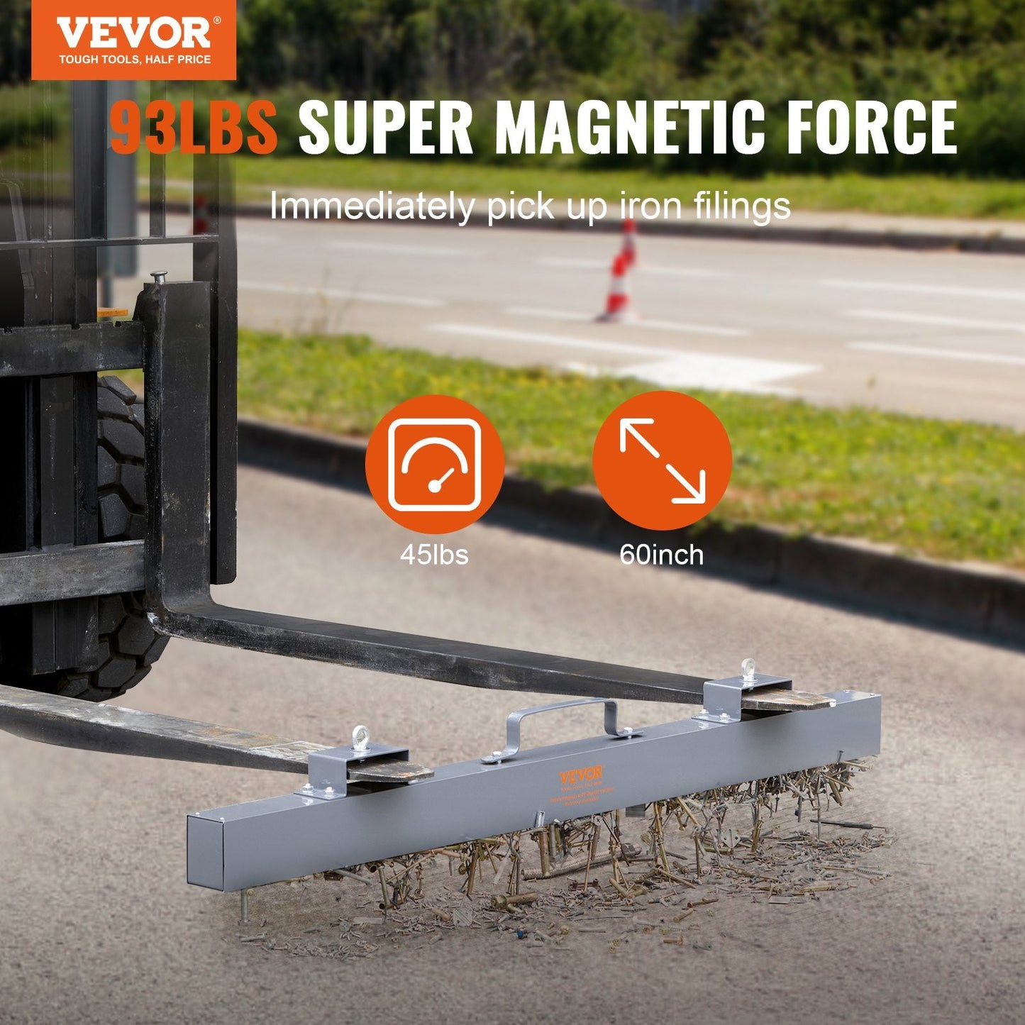 Hanging Magnetic Forklift Sweeper - Industrial Grade, 1520mm, 42.2kg Max Capacity