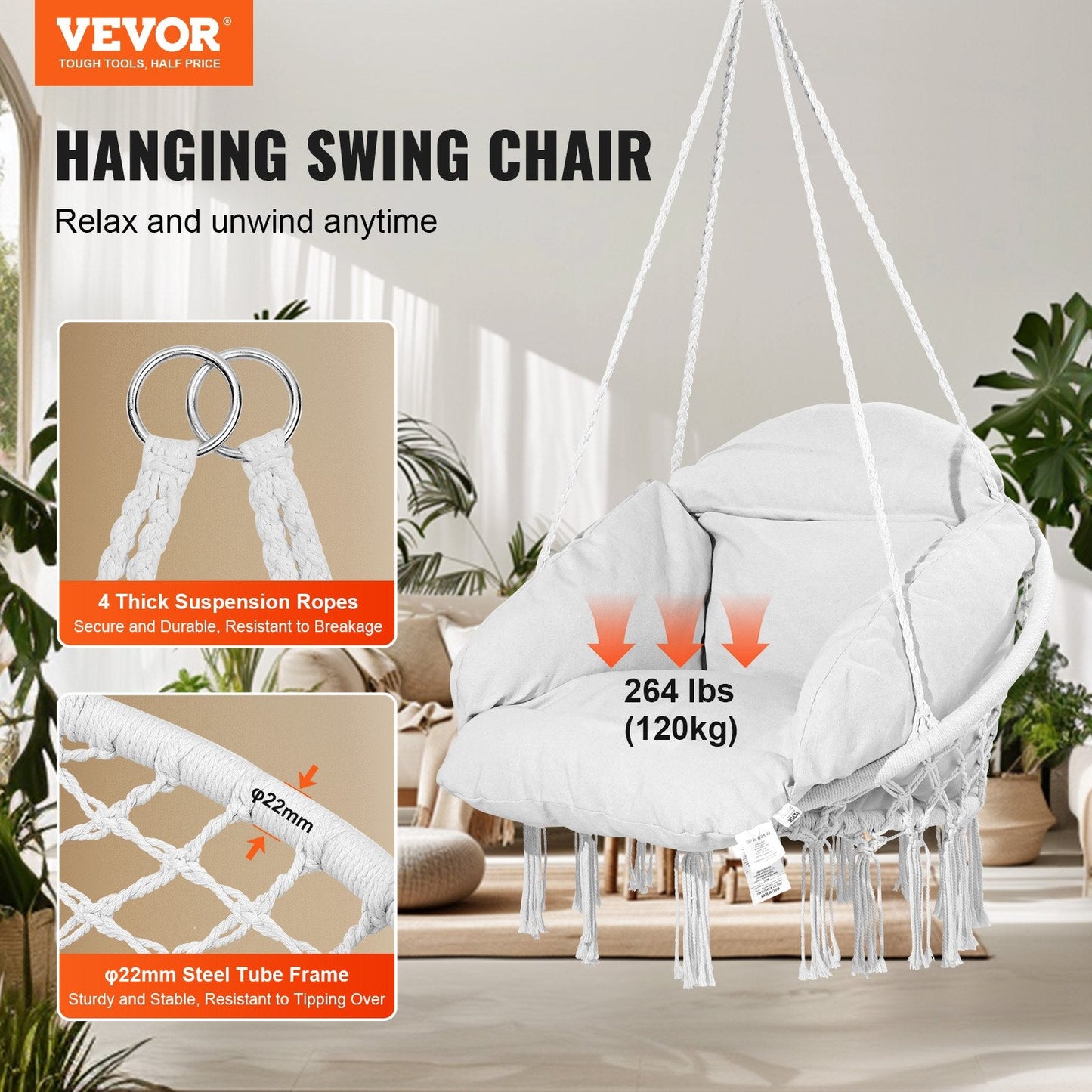 Macramé Hanging Chair with Cushion for Indoor & Outdoor Use, 120 kg Capacity