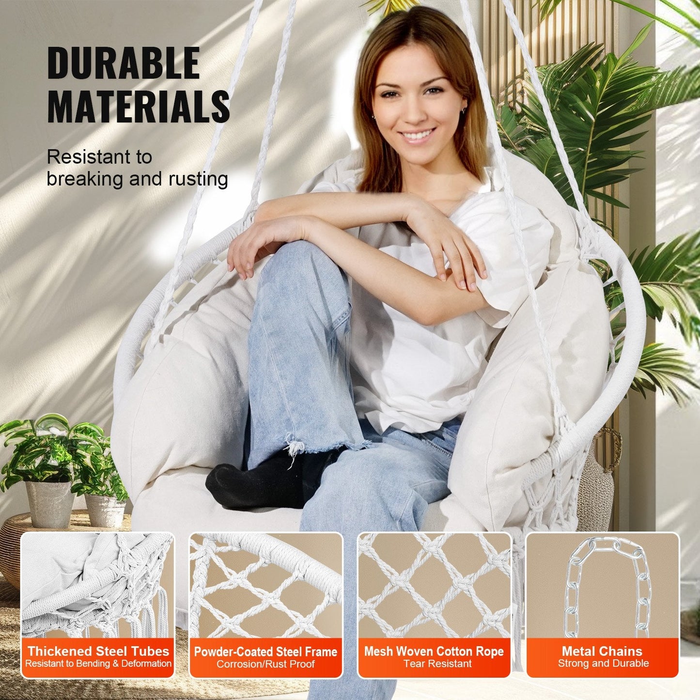 Macramé Hanging Chair with Cushion for Indoor & Outdoor Use, 120 kg Capacity