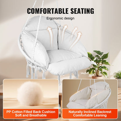 Macramé Hanging Chair with Cushion for Indoor & Outdoor Use, 120 kg Capacity