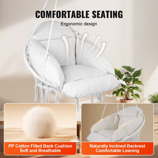 Macramé Hanging Chair with Cushion for Indoor & Outdoor Use, 120 kg Capacity