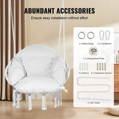 Macramé Hanging Chair with Cushion for Indoor & Outdoor Use, 120 kg Capacity