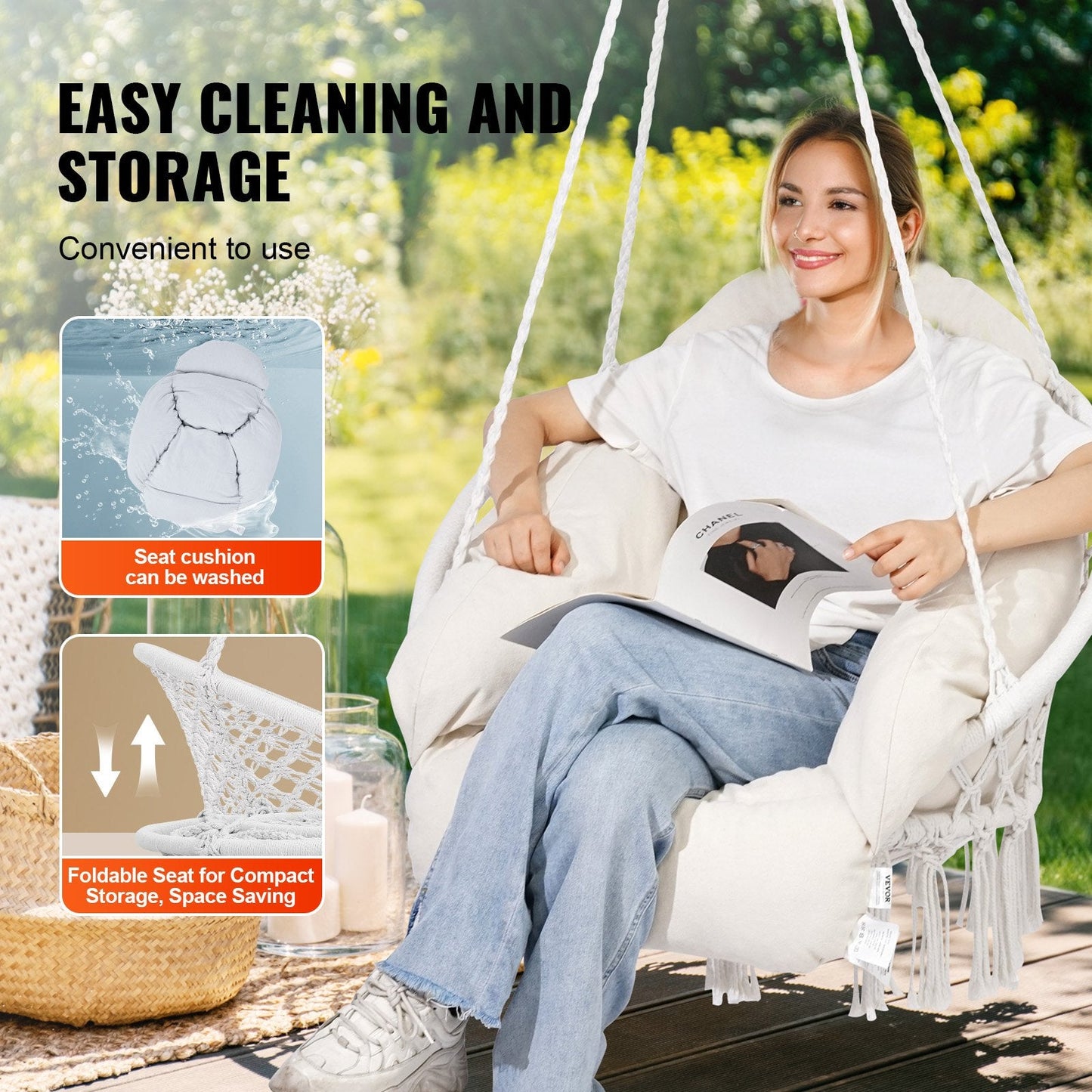 Macramé Hanging Chair with Cushion for Indoor & Outdoor Use, 120 kg Capacity