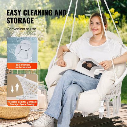 Macramé Hanging Chair with Cushion for Indoor & Outdoor Use, 120 kg Capacity