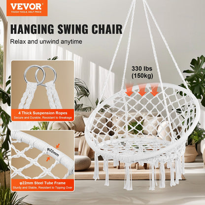 Macramé Hanging Swing Chair for Indoor/Outdoor, 150kg Capacity, White Rope