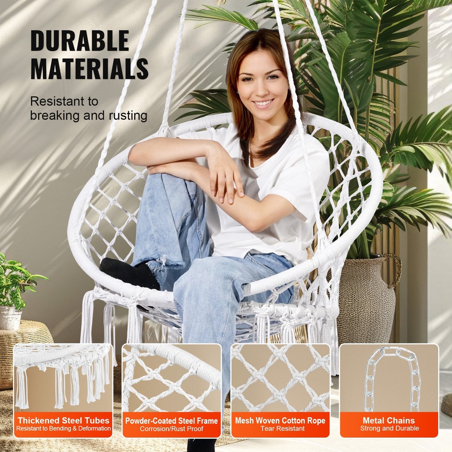 Macramé Hanging Swing Chair for Indoor/Outdoor, 150kg Capacity, White Rope