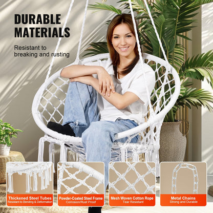 Macramé Hanging Swing Chair for Indoor/Outdoor, 150kg Capacity, White Rope