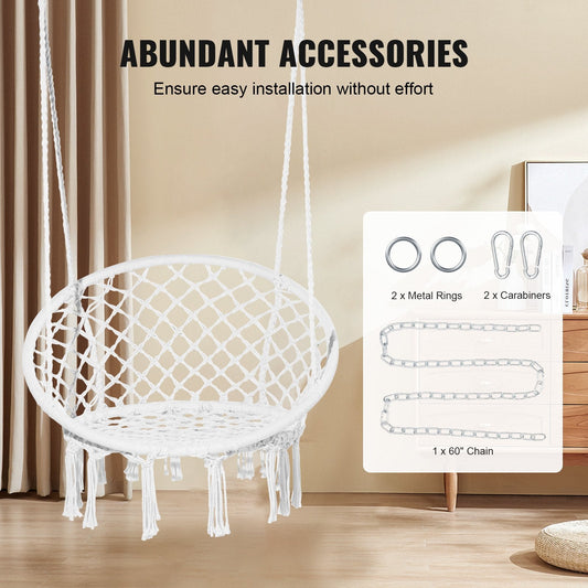 Macramé Hanging Swing Chair for Indoor/Outdoor, 150kg Capacity, White Rope