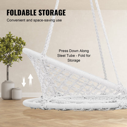 Macramé Hanging Swing Chair for Indoor/Outdoor, 150kg Capacity, White Rope