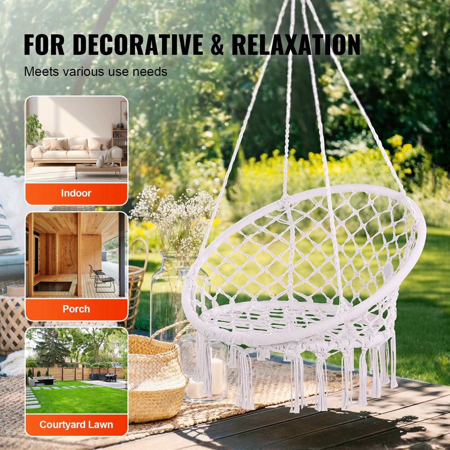 Macramé Hanging Swing Chair for Indoor/Outdoor, 150kg Capacity, White Rope