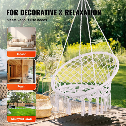 Macramé Hanging Swing Chair for Indoor/Outdoor, 150kg Capacity, White Rope