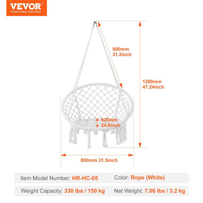 Macramé Hanging Swing Chair for Indoor/Outdoor, 150kg Capacity, White Rope