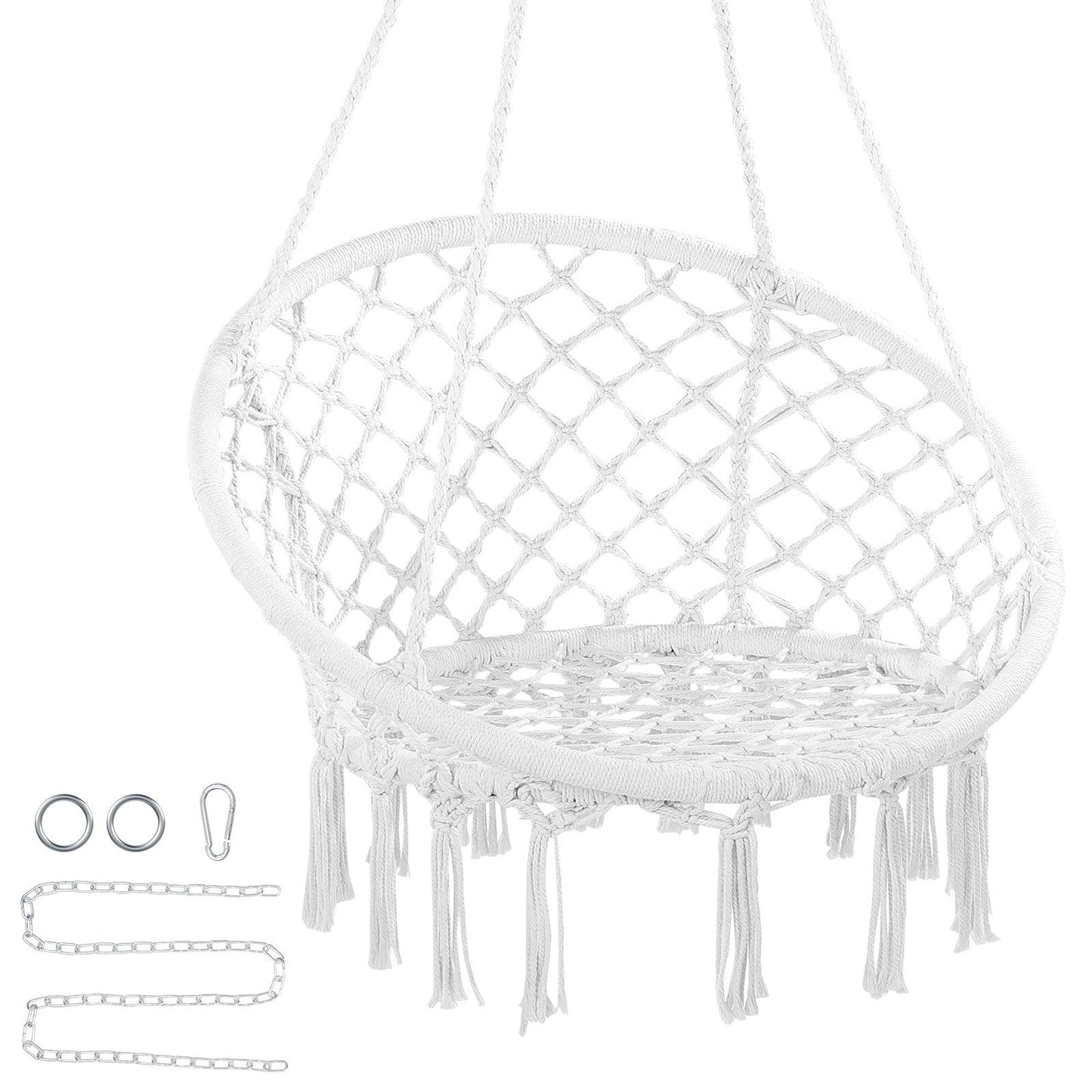 Macramé Hanging Swing Chair for Indoor/Outdoor, 150kg Capacity, White Rope