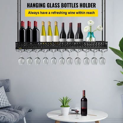 Ceiling-Mounted Wine Glass Rack, Adjustable Height, 119x33 cm, Black