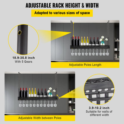 VEVOR Ceiling-Mounted Bar Wine Rack Wine Glass Hanging Rack 46.9x13in Black