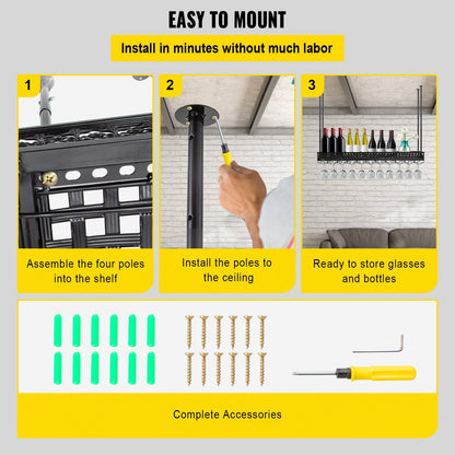 VEVOR Ceiling-Mounted Bar Wine Rack Wine Glass Hanging Rack 46.9x13in Black