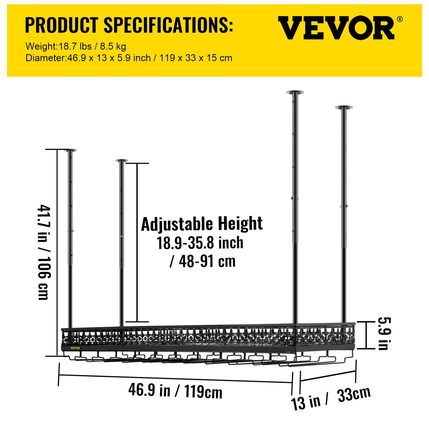 VEVOR Ceiling-Mounted Bar Wine Rack Wine Glass Hanging Rack 46.9x13in Black
