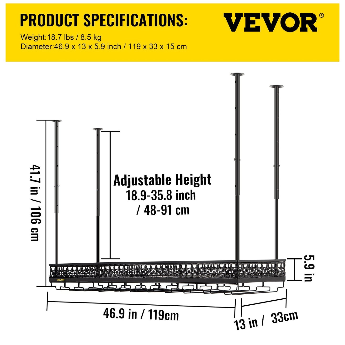Ceiling-Mounted Wine Glass Rack, Adjustable Height, 119x33 cm, Black