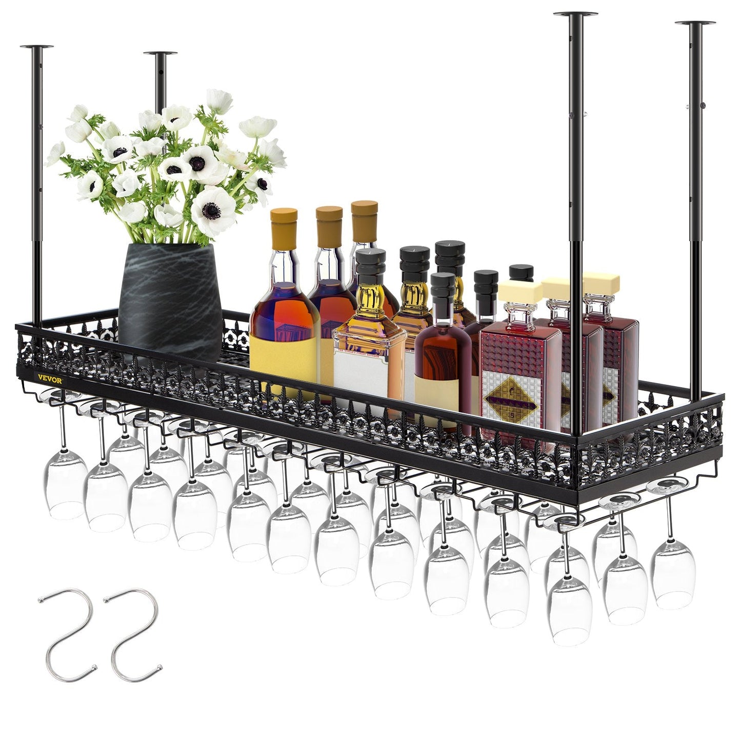 Ceiling-Mounted Wine Glass Rack, Adjustable Height, 119x33 cm, Black