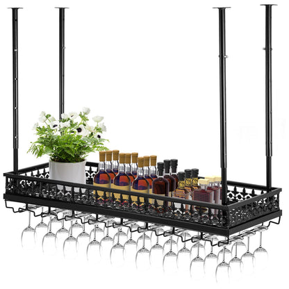 Ceiling Wine Glass Rack, Adjustable Height, 91x33 cm, 15 kg Capacity, Black