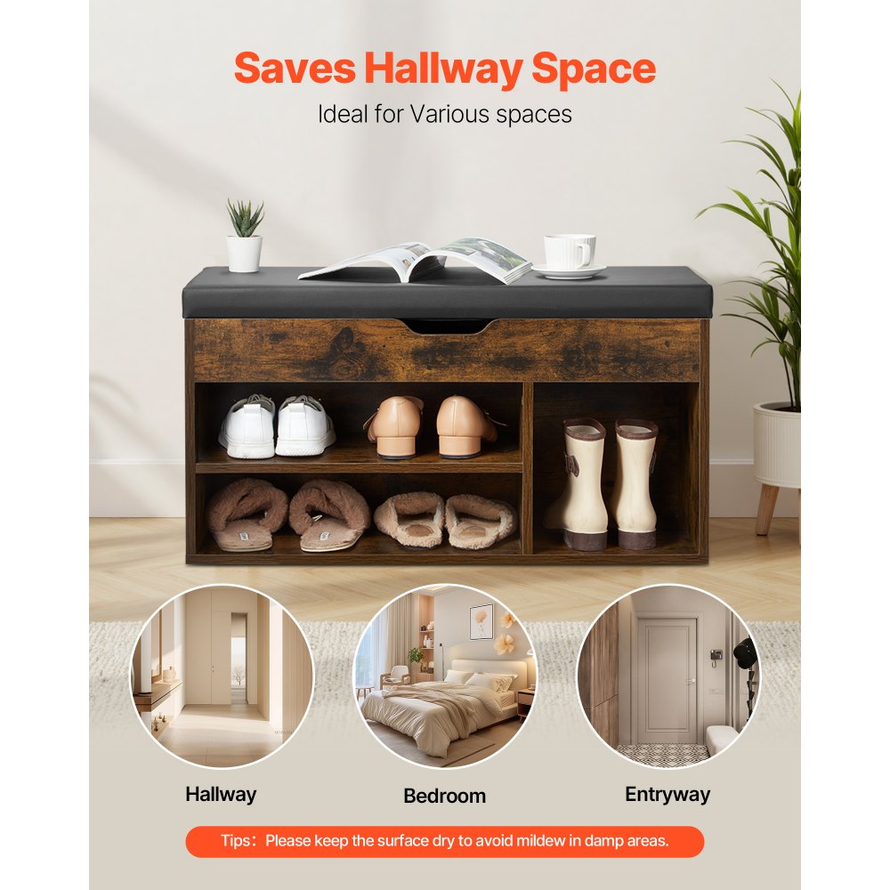 Shoe Bench with Cushion 805 x 305 x 445 mm 3 Compartments Entryway Storage