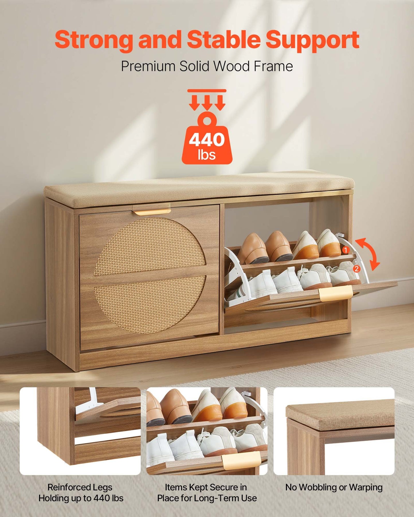 Entryway Shoe Storage Bench 98 cm Wide 2-Tier Shoe Bench Rattan-Like, with 2 Flip Drawers, 200 kg Load Capacity Storage Rack with Padded Seat Cushion, for Hallway, Living Room, and Bedroom